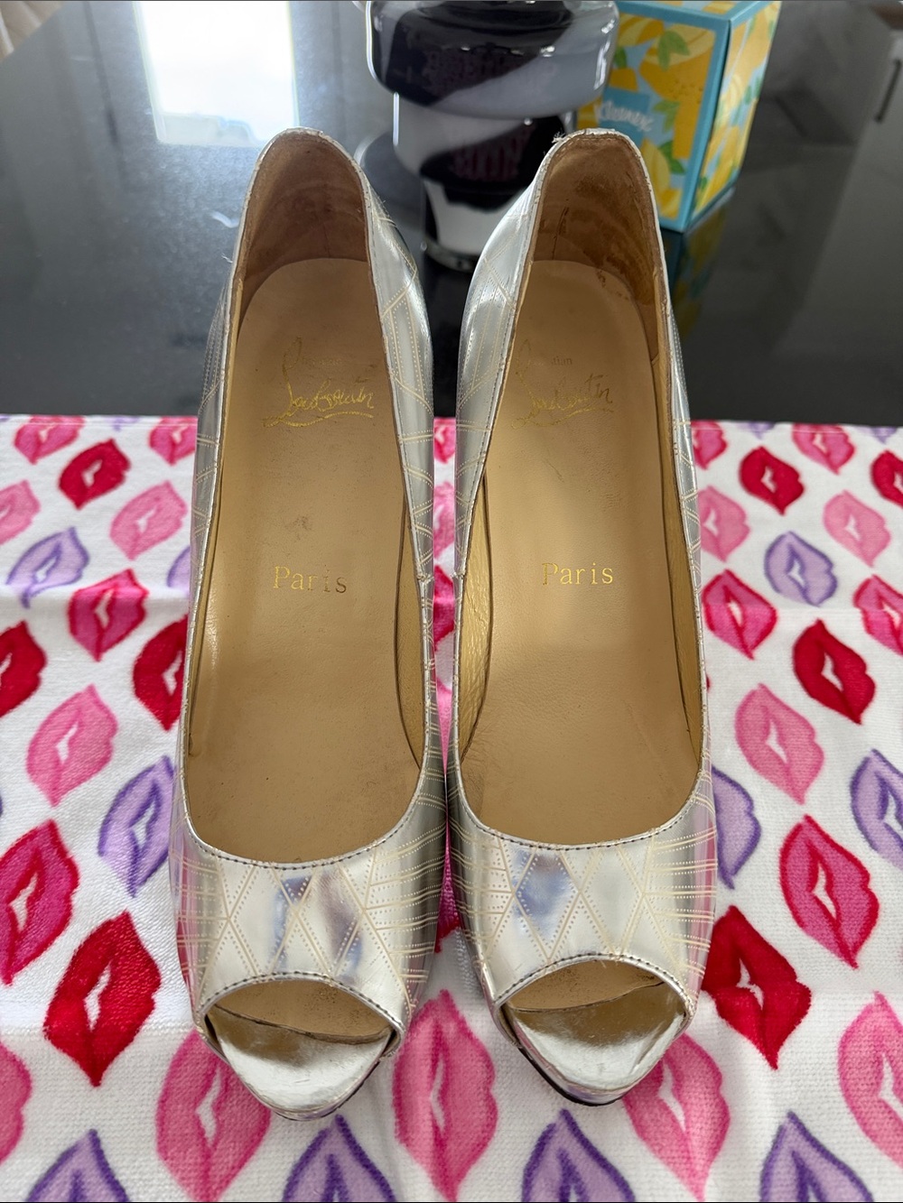 Christian Louboutin Metallic Silver Quilted Peep-Toe Heels
